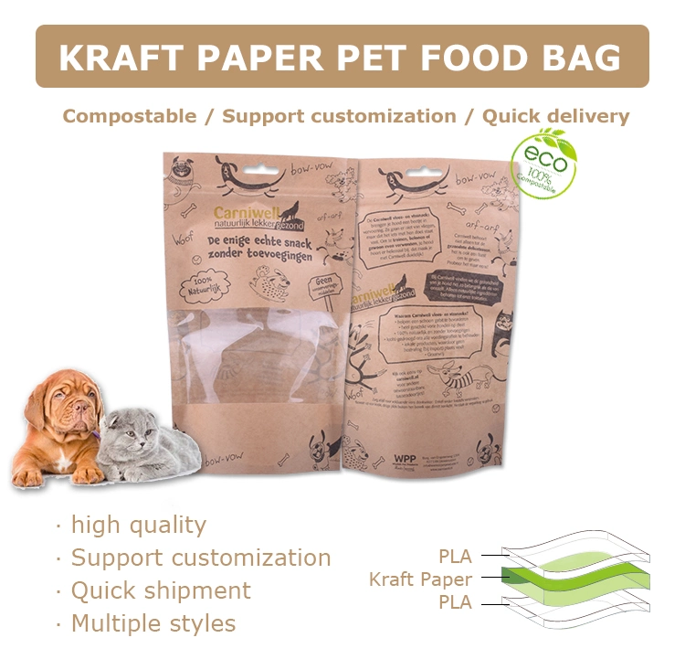 Biodegradable Plastic Zipper Stand-up Pouch Kraft Paper Zip Lock Pet Food Bag for Dog Cat Treat Fish Feed Candy Snack Coffee Packaging with Window